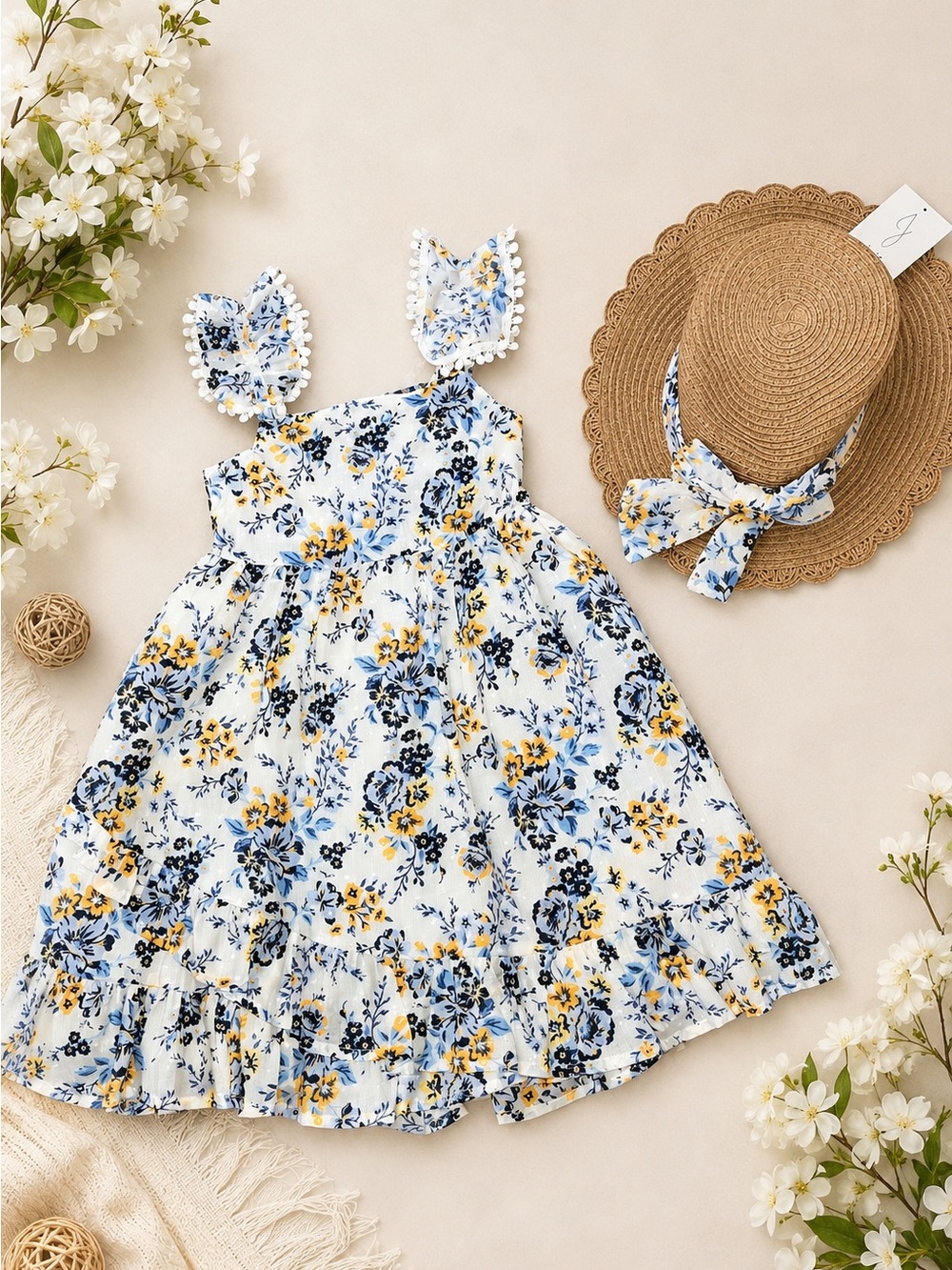 Joie Kids Floral Dress & Hat Set NWT Size 3T Blue Yellow Off Shoulder